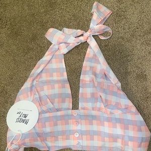 Princess Polly Pink & Lavender Gingham Halter Crop Top